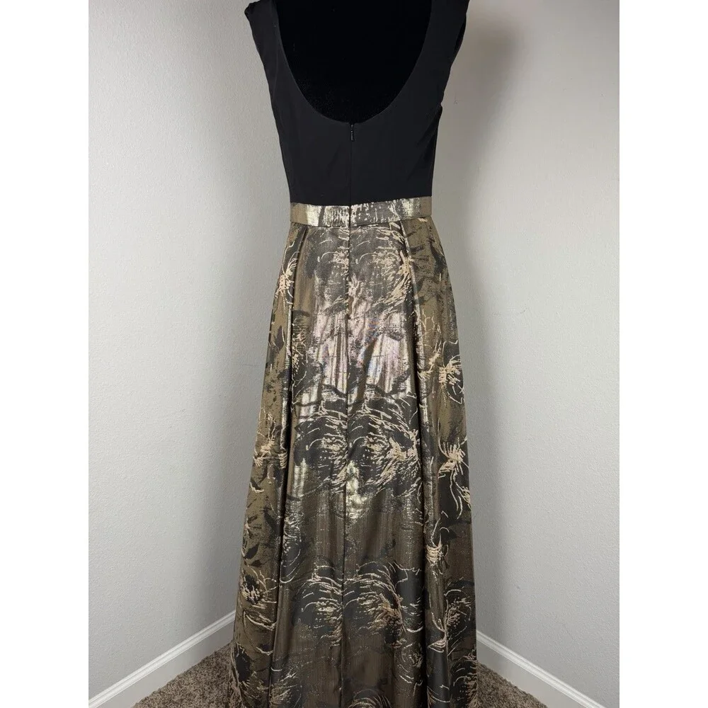 Aidan Mattox Adrianna Papell Dress Size 6 Black Gold Metallic Jacquard Gown - Picture 5 of 11